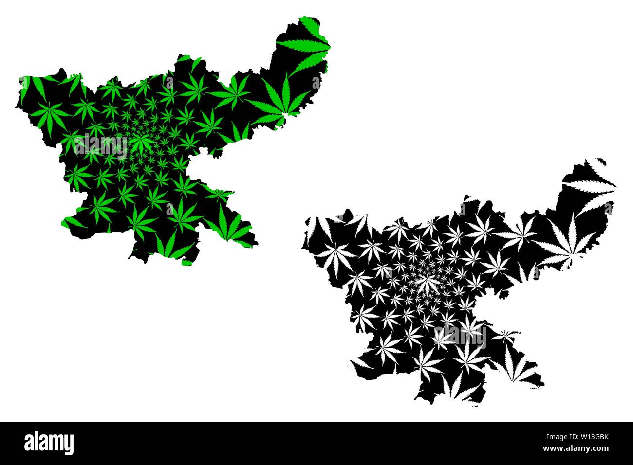 Jharkhand (States and union territories of India, Federated states, Republic of India) map is designed cannabis leaf green and black, Jharkhand state Stock Vector