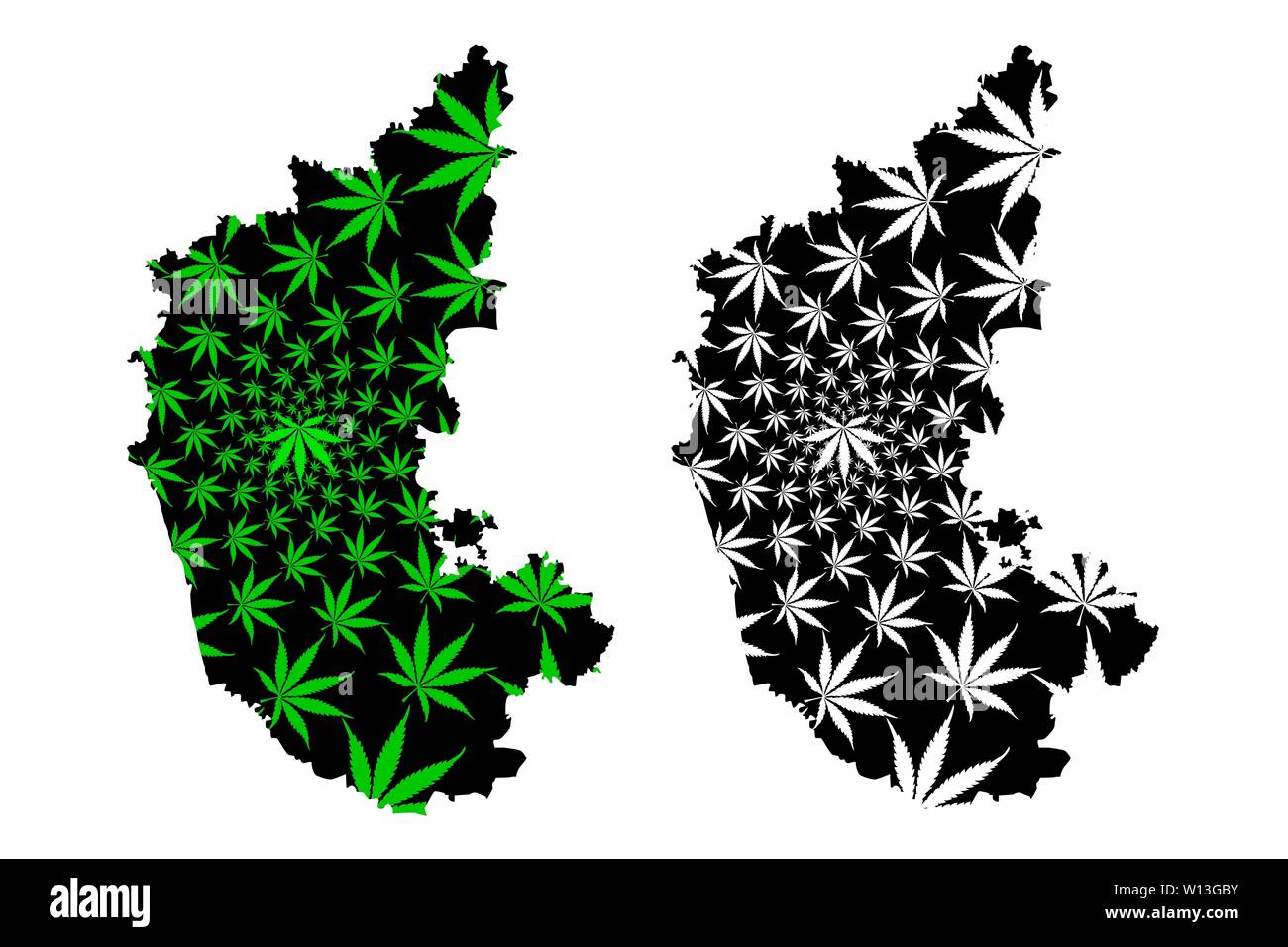 Karnataka (States and union territories of India, Federated states, Republic of India) map is designed cannabis leaf green and black, Karnataka state Stock Vector