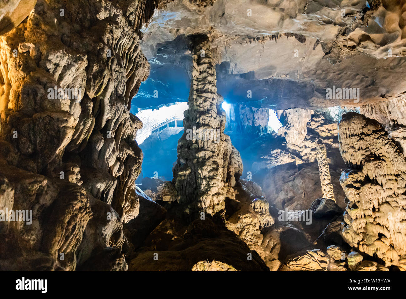 Beautiful geological formation of stalagmite in Sun Sot Cave at Ha Long Bay, Vietnam. Stock Photo