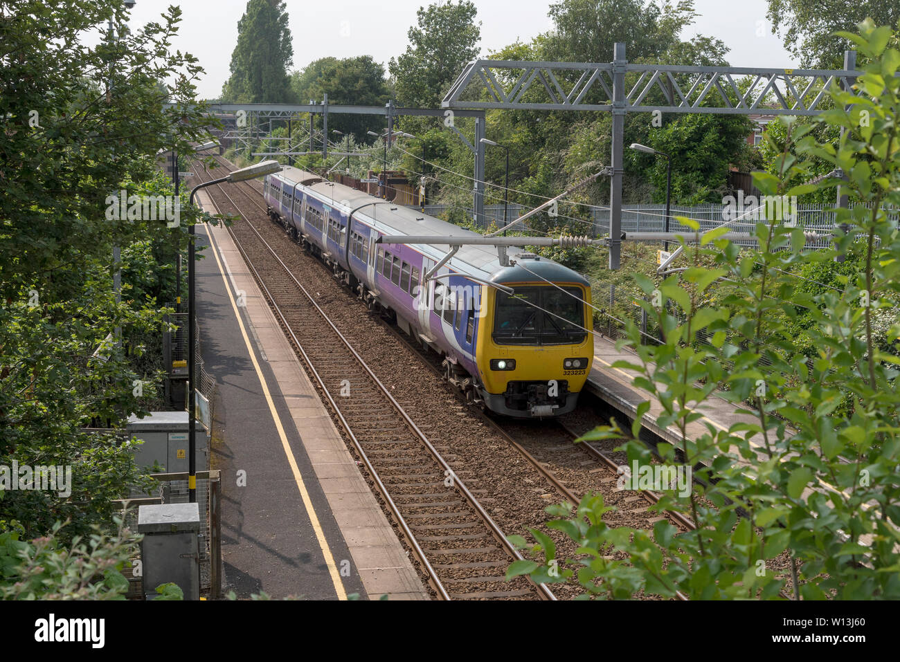 Whiston station. Merseytravel area. Class 39 electric train. Stock Photo