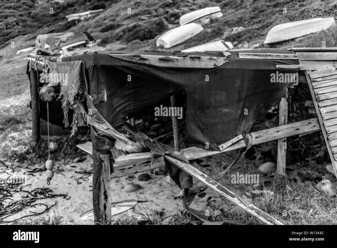 A beach hut in Smitswinkel Bay used to store leisure equipment on South Africa's False Bay coastline near the city of Cape Town Stock Photo
