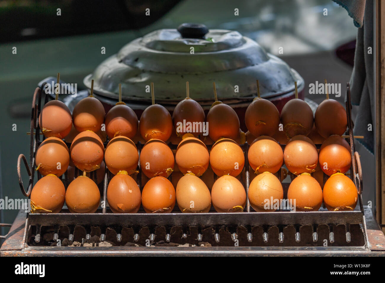 Many eggs exposed on a street food stall in Bangkok, Thailand Stock Photo