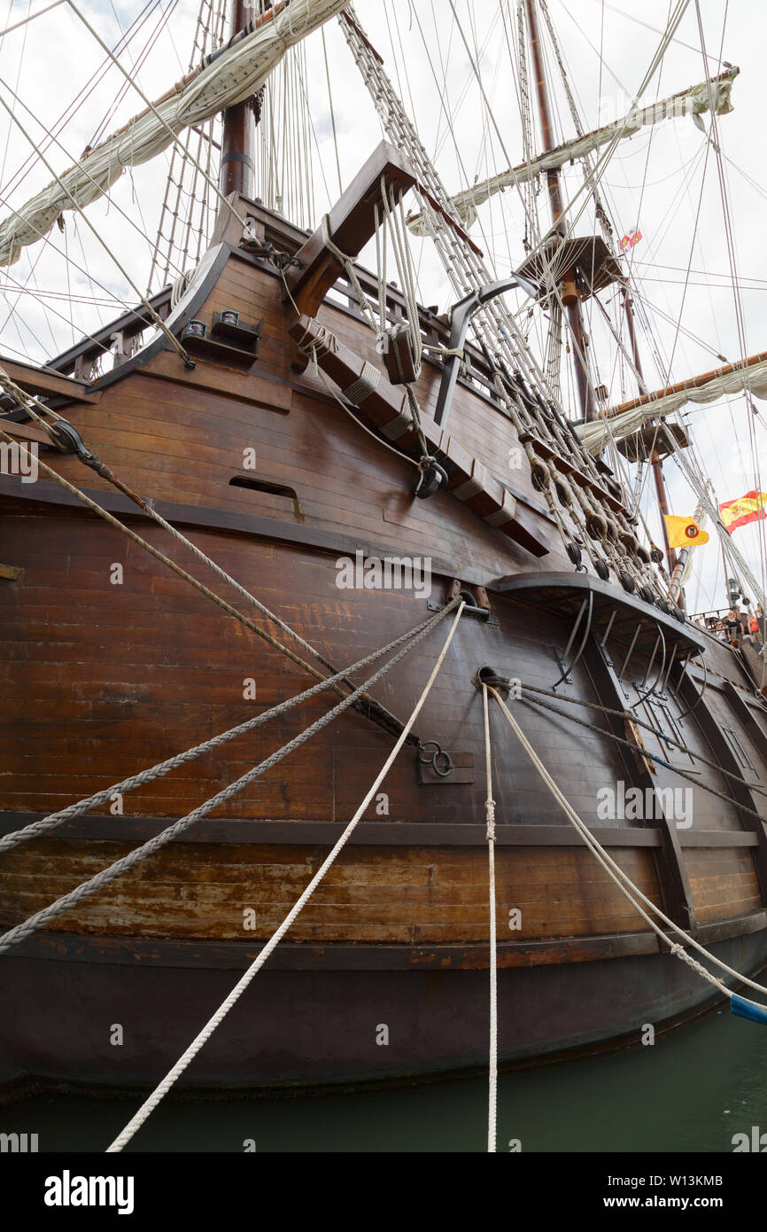 A close up view of 17th century ship El Galeón replica built by Nao Victoria, its original one sailed from Spain to the New World. Stock Photo