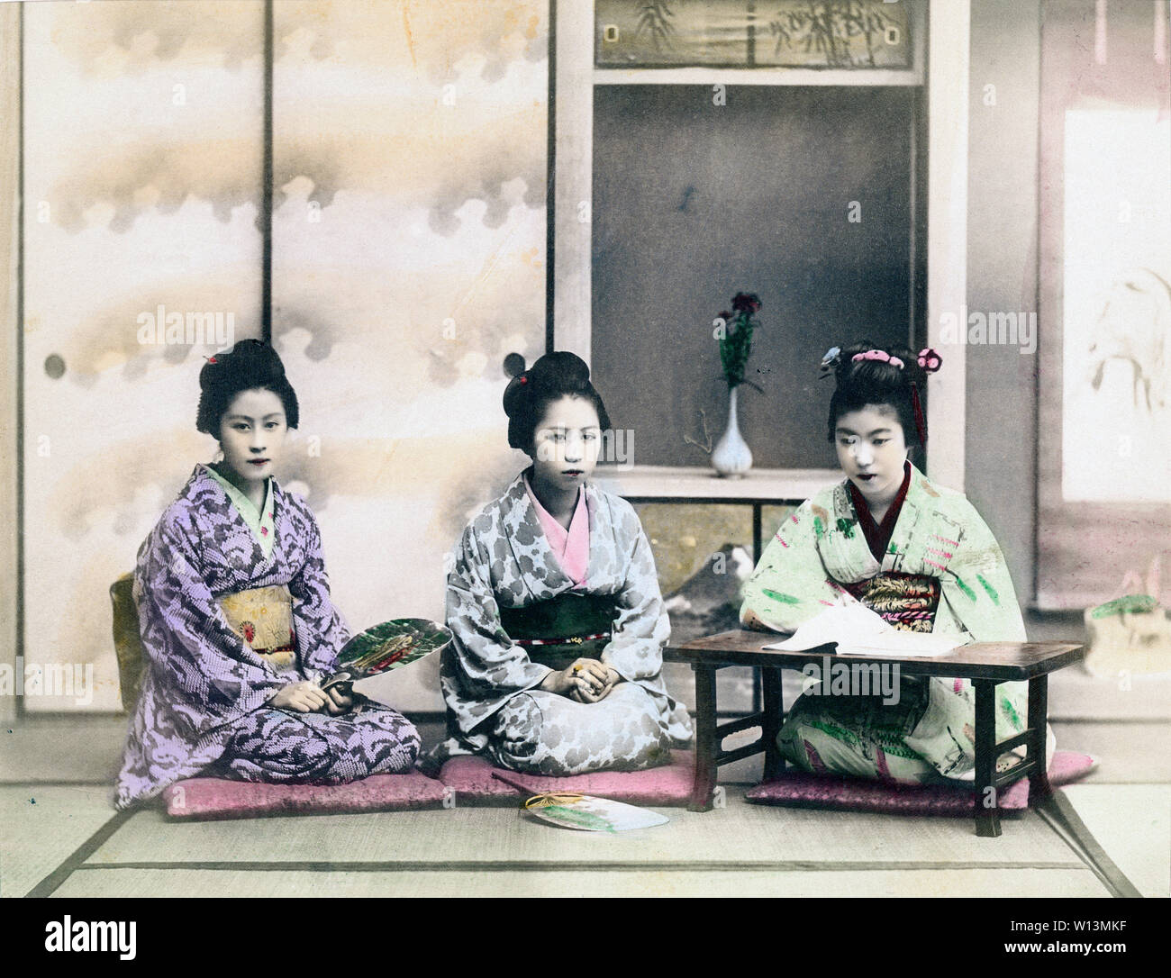 1890s Japan - Japanese Women Singing ] — Three women in kimono and with  traditional hairstyle study singing in a Japanese room with tatami  (rice-straw mats). 19th century vintage albumen photograph