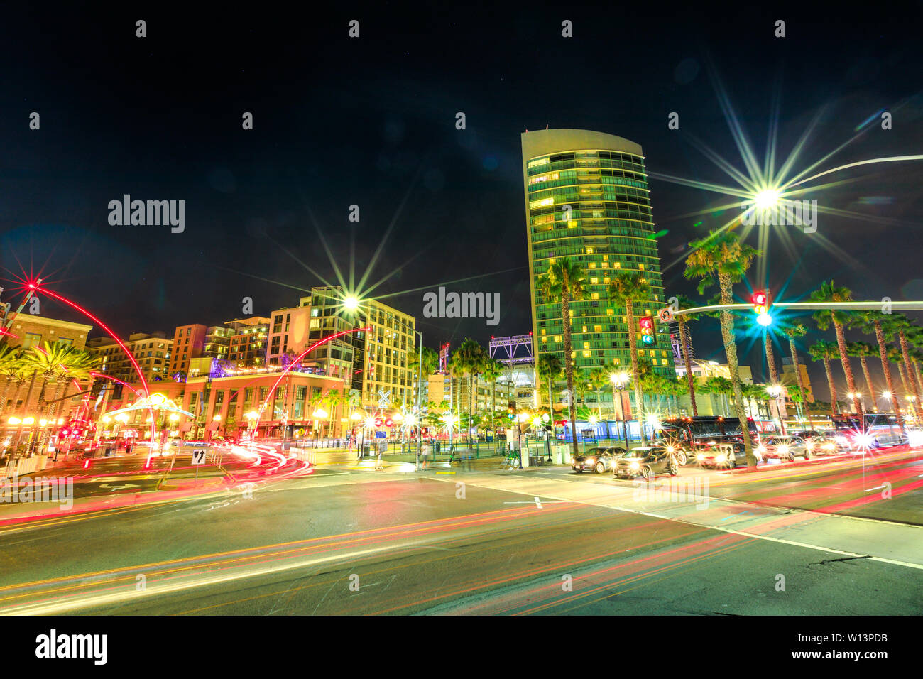 Crossing between Harbor Drive and suburban station and Marina district and Gaslamp Quarter in San Diego Downtown, California, USA. Skyscrapers and Stock Photo