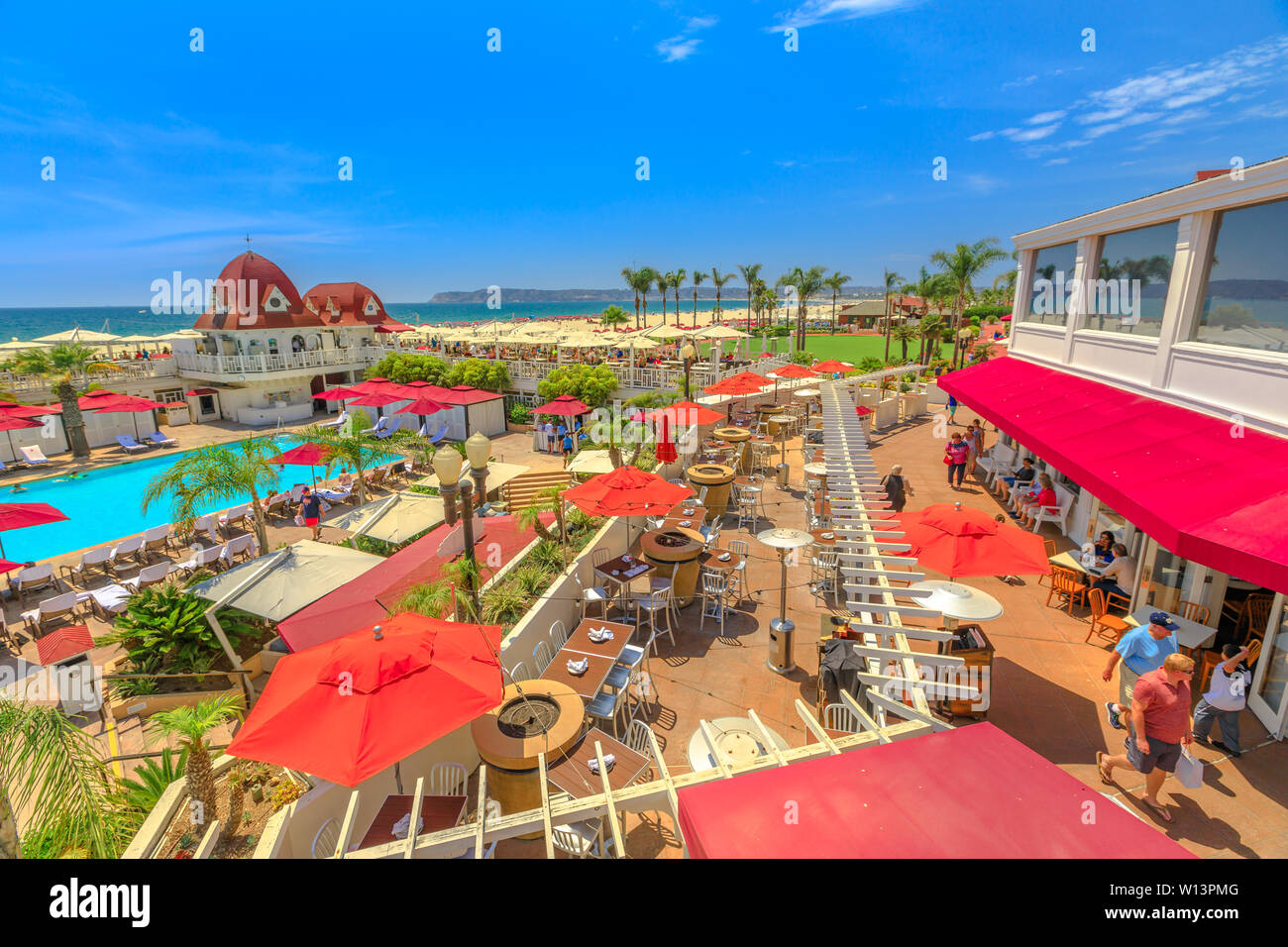 San Diego, California, United States - August 1, 2018: aerial view of Pacific Ocean in West Coast above historic Coronado Hotel, beach resort location Stock Photo
