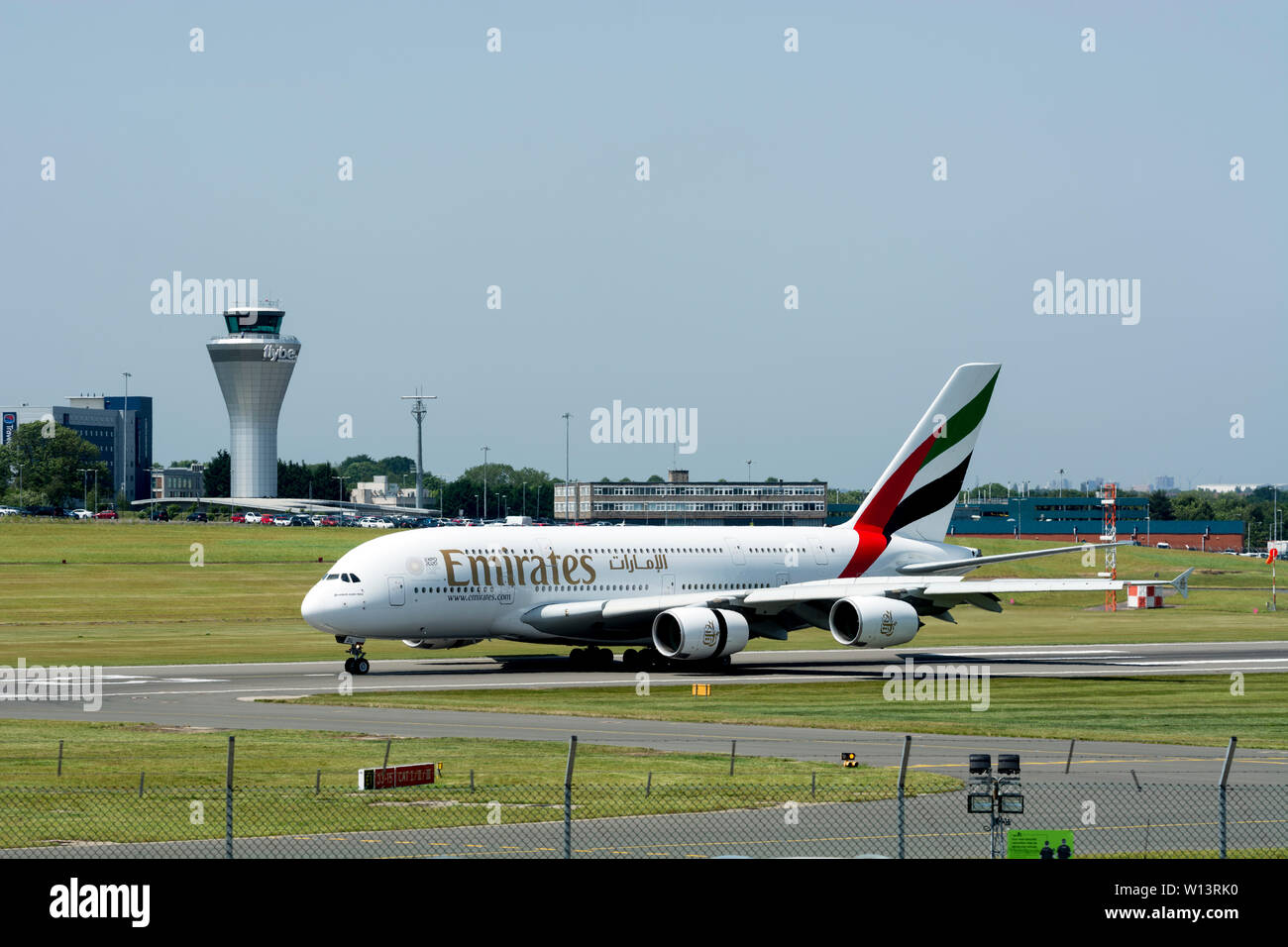 Emirates Airlines Airbus A380-861 at Birmingham Airport, UK (A6-EDL) Stock Photo