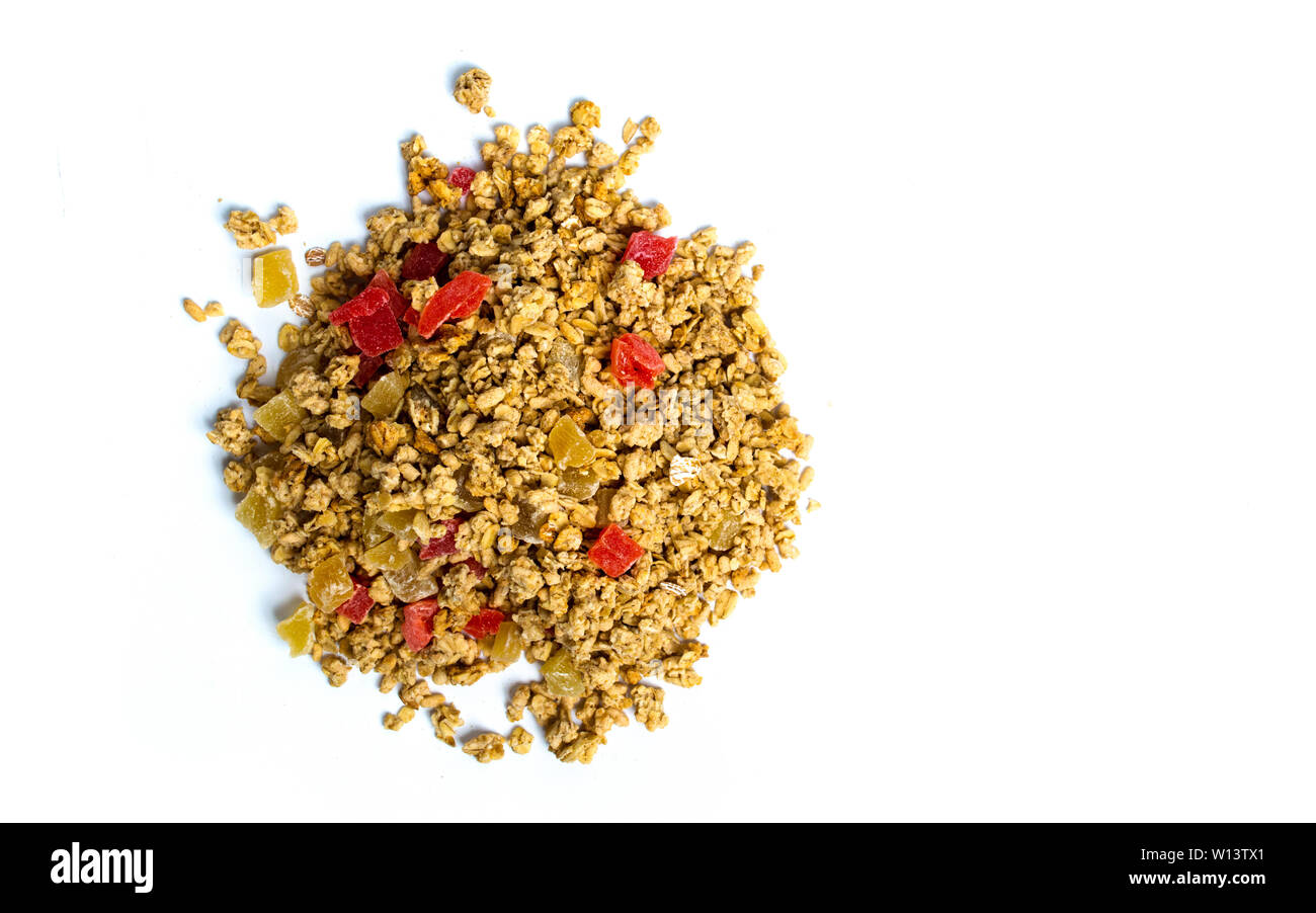 Various cereals and granola mix with fruit top view Stock Photo