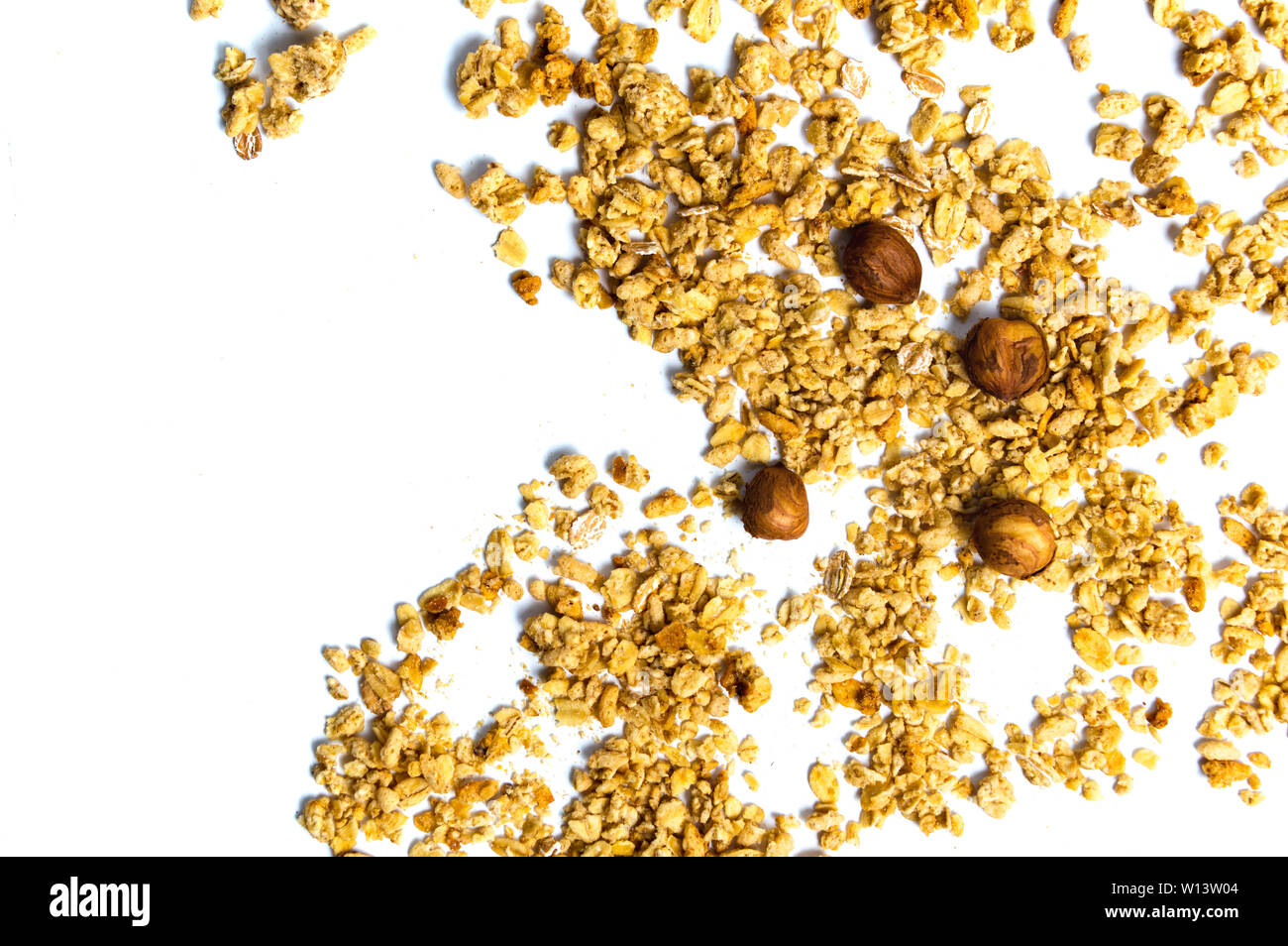 Various cereals and granola mix with hazelnuts top view Stock Photo