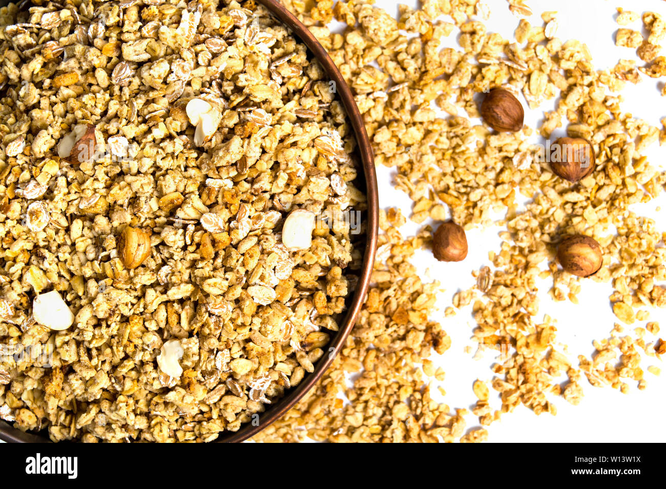 Various cereals and granola mix in a bowl top view Stock Photo