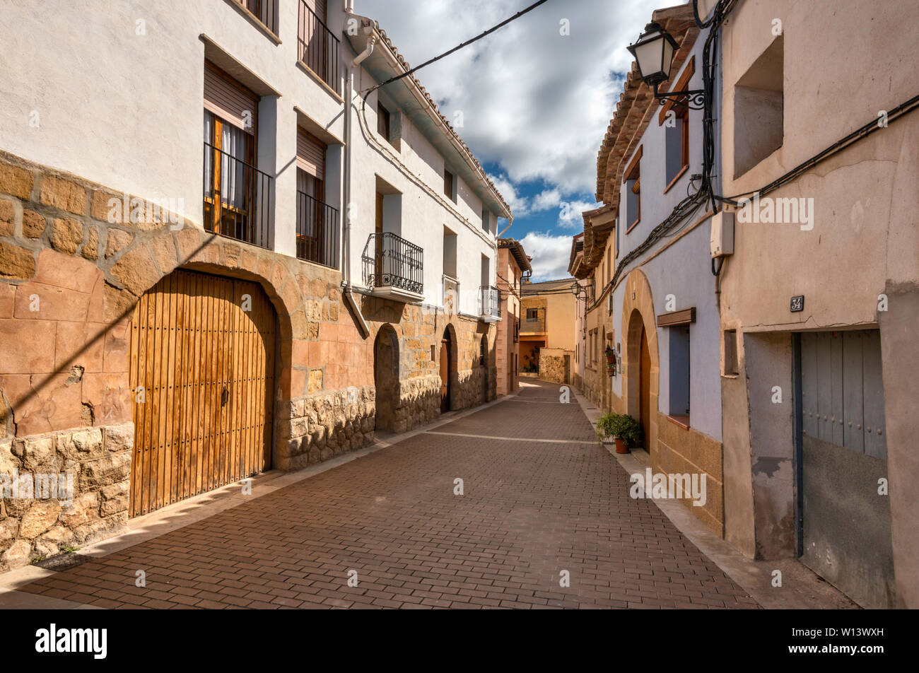 Street in village of La Mata de los Olmos, Teruel province, Aragon, Spain Stock Photo