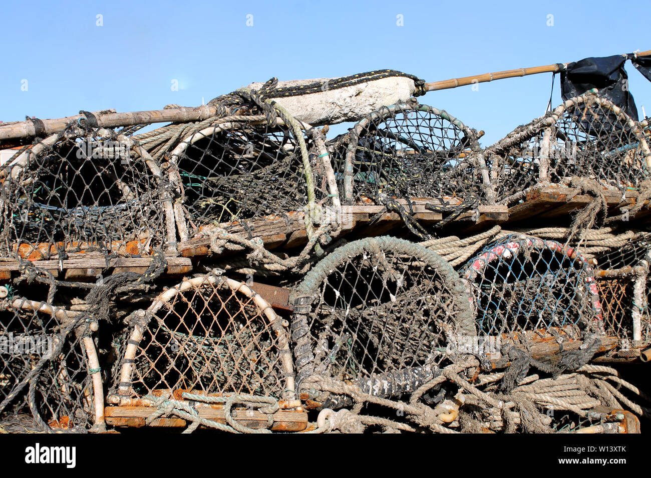 Lobster pots and creels, Scarborough harbor, England. Stock Photo