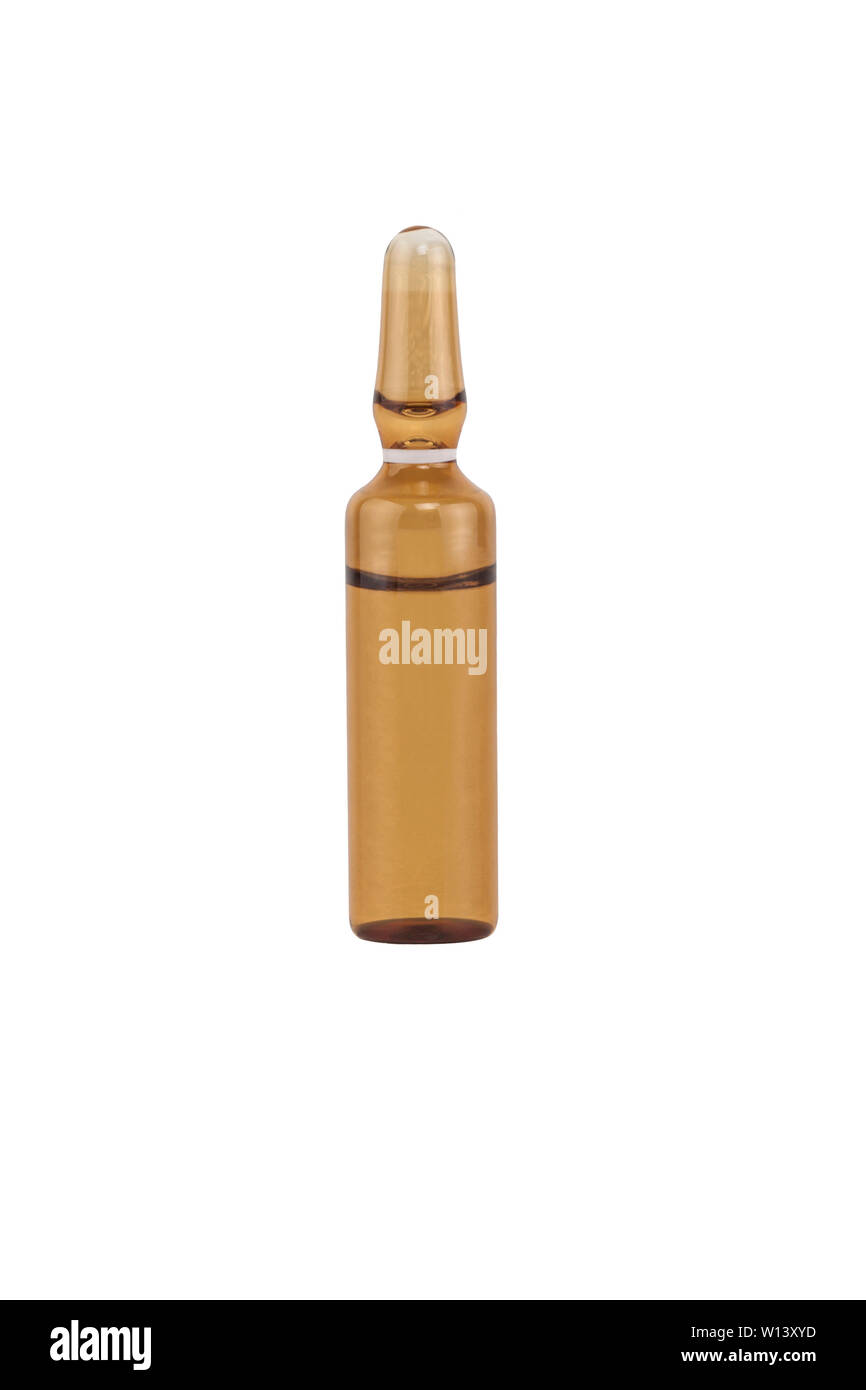 Glass medical ampoule with solution isolated on white background Stock