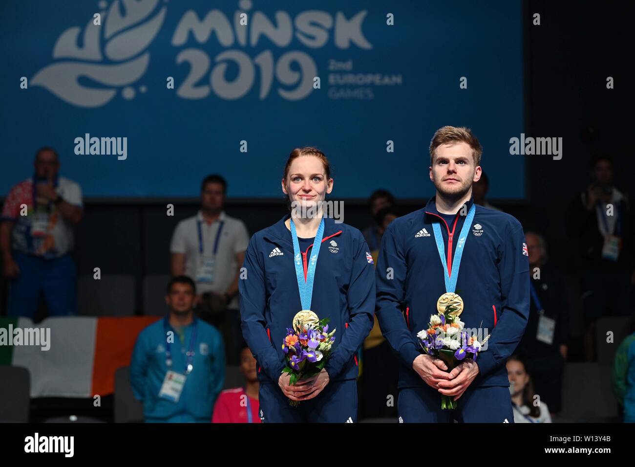 Minsk. Belarus. 30 June 2019. Lauren Smith and Marcus Ellis (GBR) in the badminton mixed doubles final with their Gold medals at the 2nd European games. Credit Garry Bowden/SIP photo agency/Alamy live news. Stock Photo