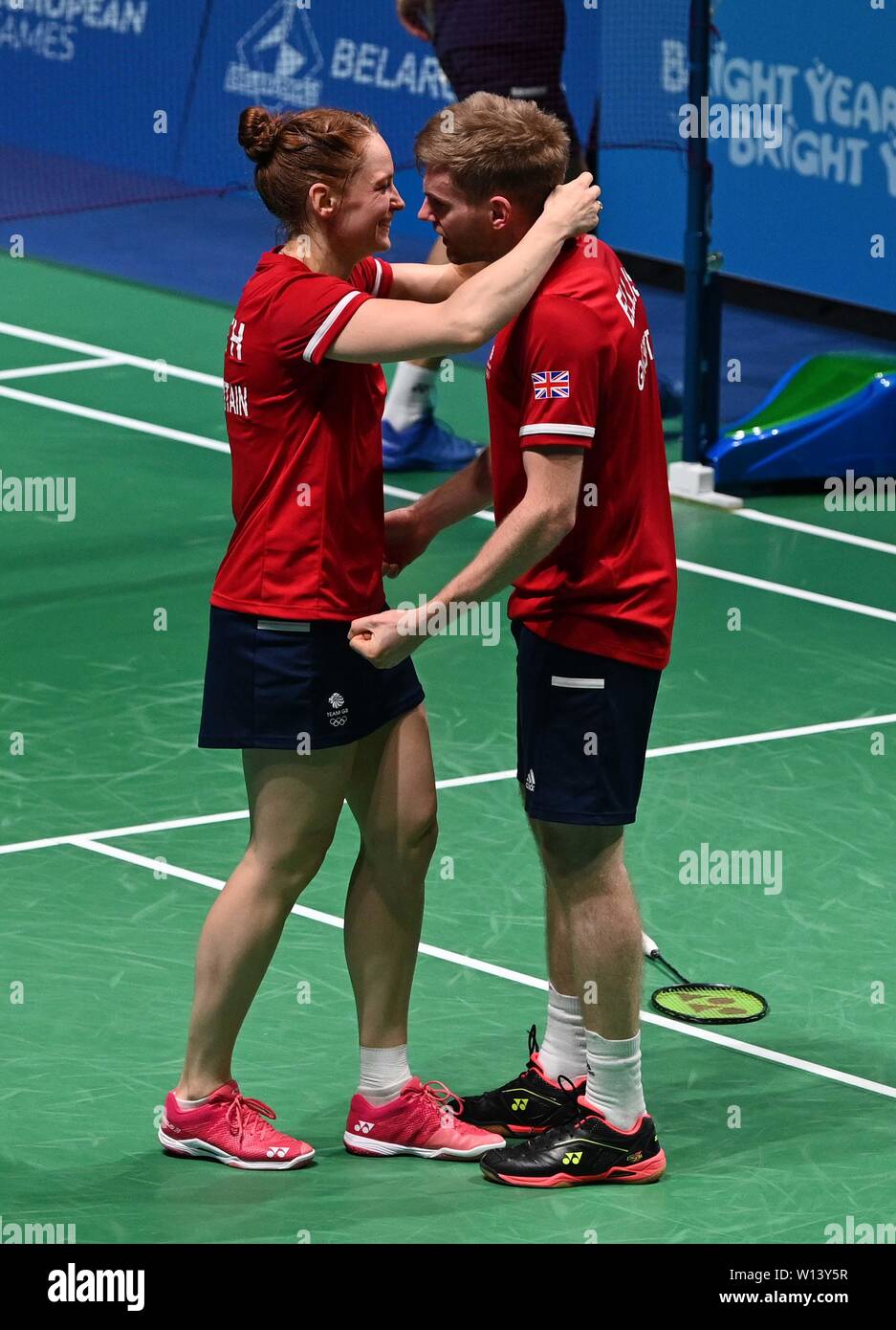 Minsk. Belarus. 30 June 2019. Lauren Smith and Marcus Ellis (GBR) celebrate  winning the badminton mixed doubles final at the 2nd European games. Credit  Garry Bowden/SIP photo agency/Alamy live news Stock Photo -