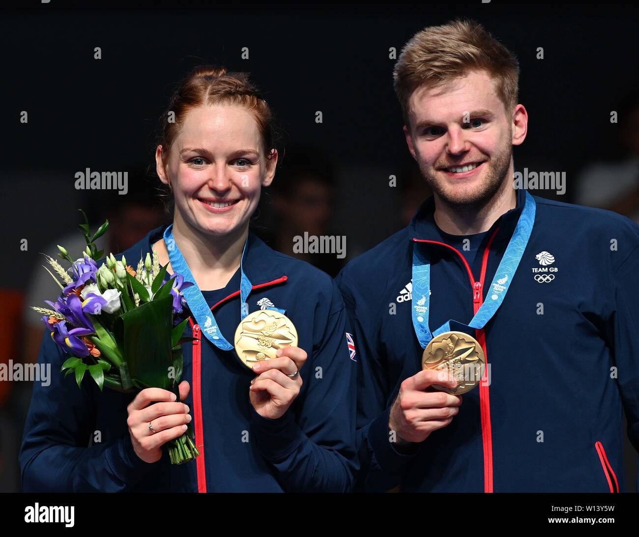 Minsk. Belarus. 30 June 2019. Lauren Smith and Marcus Ellis (GBR) in the badminton mixed doubles final with their Gold medals at the 2nd European games. Credit Garry Bowden/SIP photo agency/Alamy live news. Stock Photo
