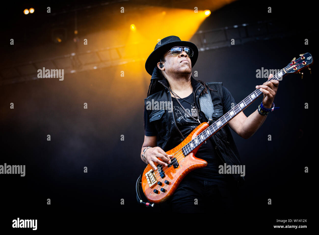 Copenhagen, Denmark - June 22nd, 2019. The American rock band Living Colour performs a live concert during the Danish heavy metal festival Copenhell 2019 in Copenhagen. Here bass player Doug Wimbish is seen live on stage. (Photo credit: Gonzales Photo - Christian Hjorth). Stock Photo