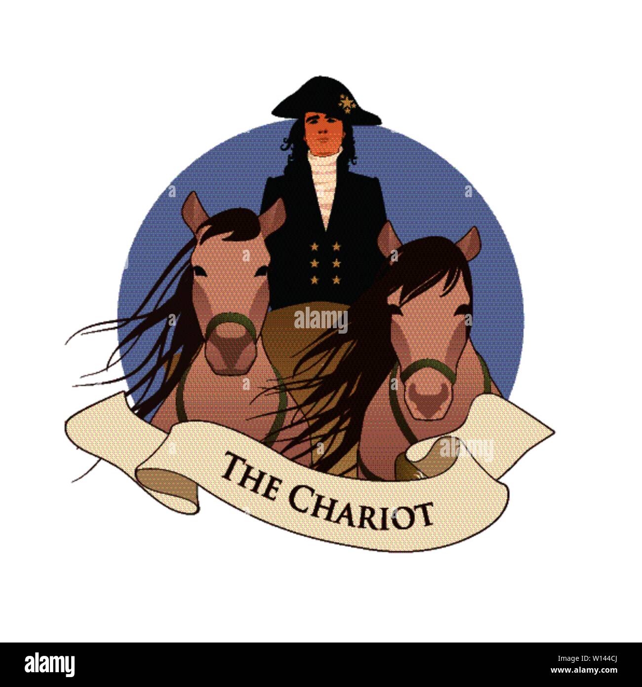 Major Arcana Emblem Tarot Card. The Chariot. Chariot pulled by two horses and driven by an elegant coachman in livery and hat, isolated on white backg Stock Vector