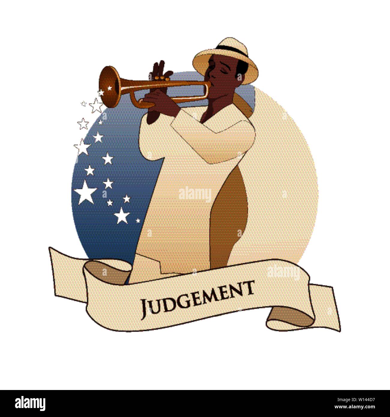 Major Arcana Emblem Tarot Card. Judgement. Archangel with great wings, wearing hat playing the trumpet, isolated on white background Stock Vector