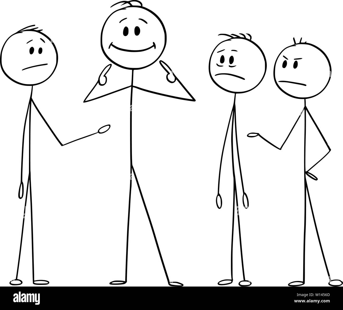 Vector cartoon stick figure drawing conceptual illustration of man or businessman pointing on yourself as the best part of the team. Business concept of arrogance, individuality and egoism. Stock Vector