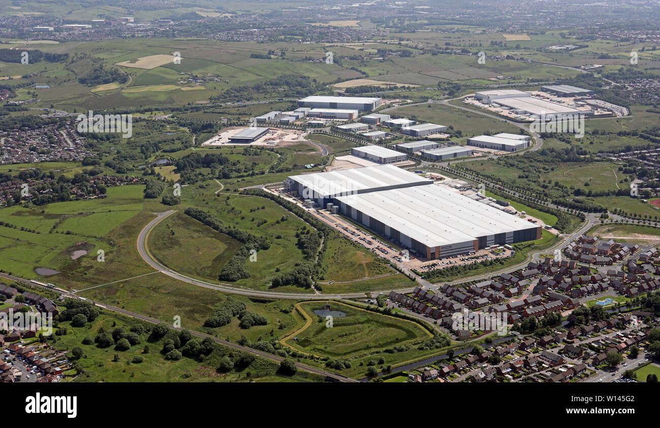 aerial view of Kingsway Business Park & JD Sports Warehouse, Rochdale, UK Stock Photo