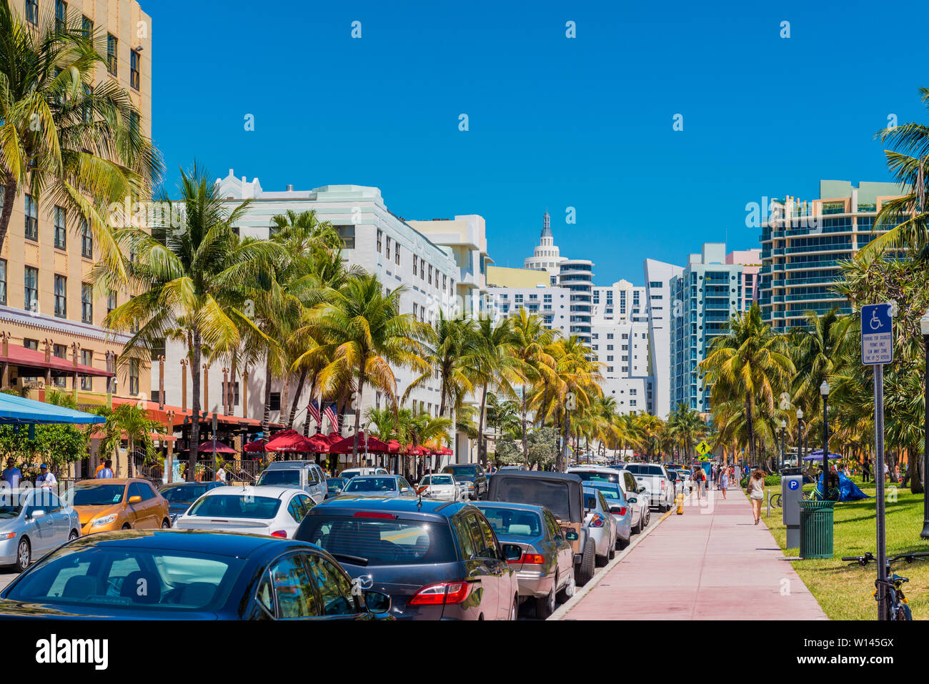 Ocean Drive is a major thoroughfare in the South Beach neighborhood of Miami Beach, Florida, USA Stock Photo