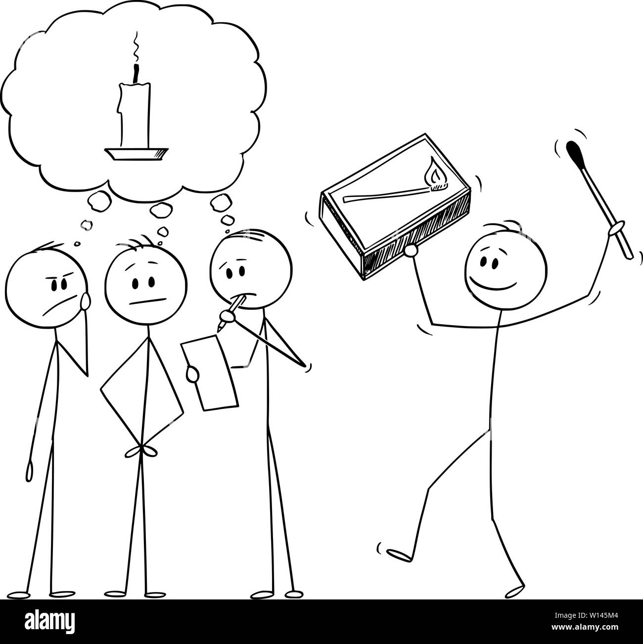 Vector cartoon stick figure drawing conceptual illustration of team of businessmen brainstorming brainstorming and looking for idea. Another man is bringing box of matches and metaphor of idea. Stock Vector