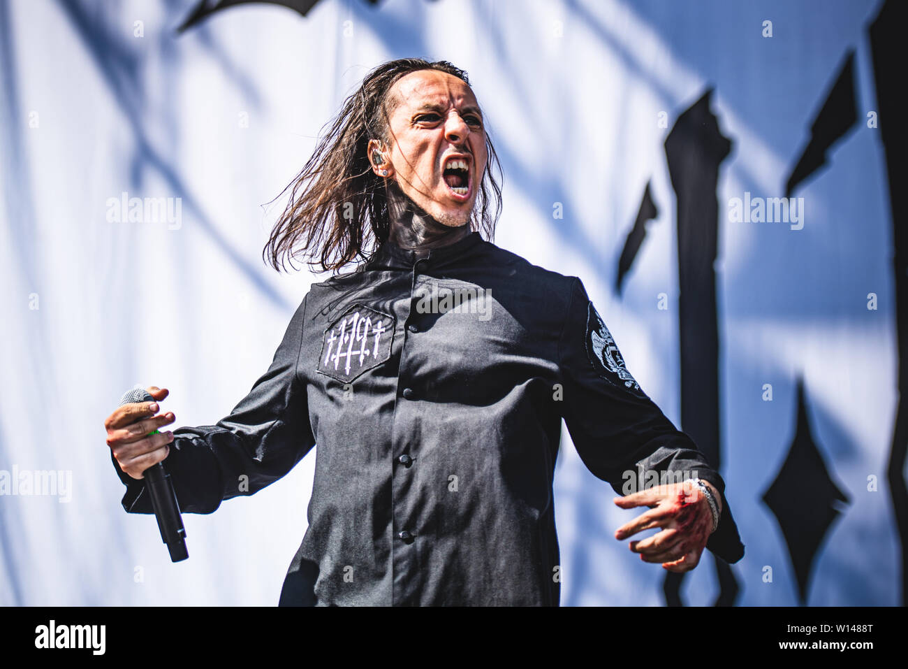 Andrea Ferro, singer of the Italian gothic metal band Lacuna Coil,  performing live on stage in Bologna, at the Bologna Sonic Park 2019 first  ever edition, opening for Slipknot. (Photo by Alessandro