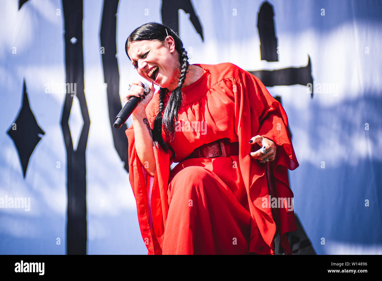 Cristina Scabbia, singer of the Italian gothic metal band Lacuna Coil, performing live on stage in Bologna, at the Bologna Sonic Park 2019 first ever edition, opening for Slipknot. (Photo by Alessandro Bosio / Pacific Press) Stock Photo