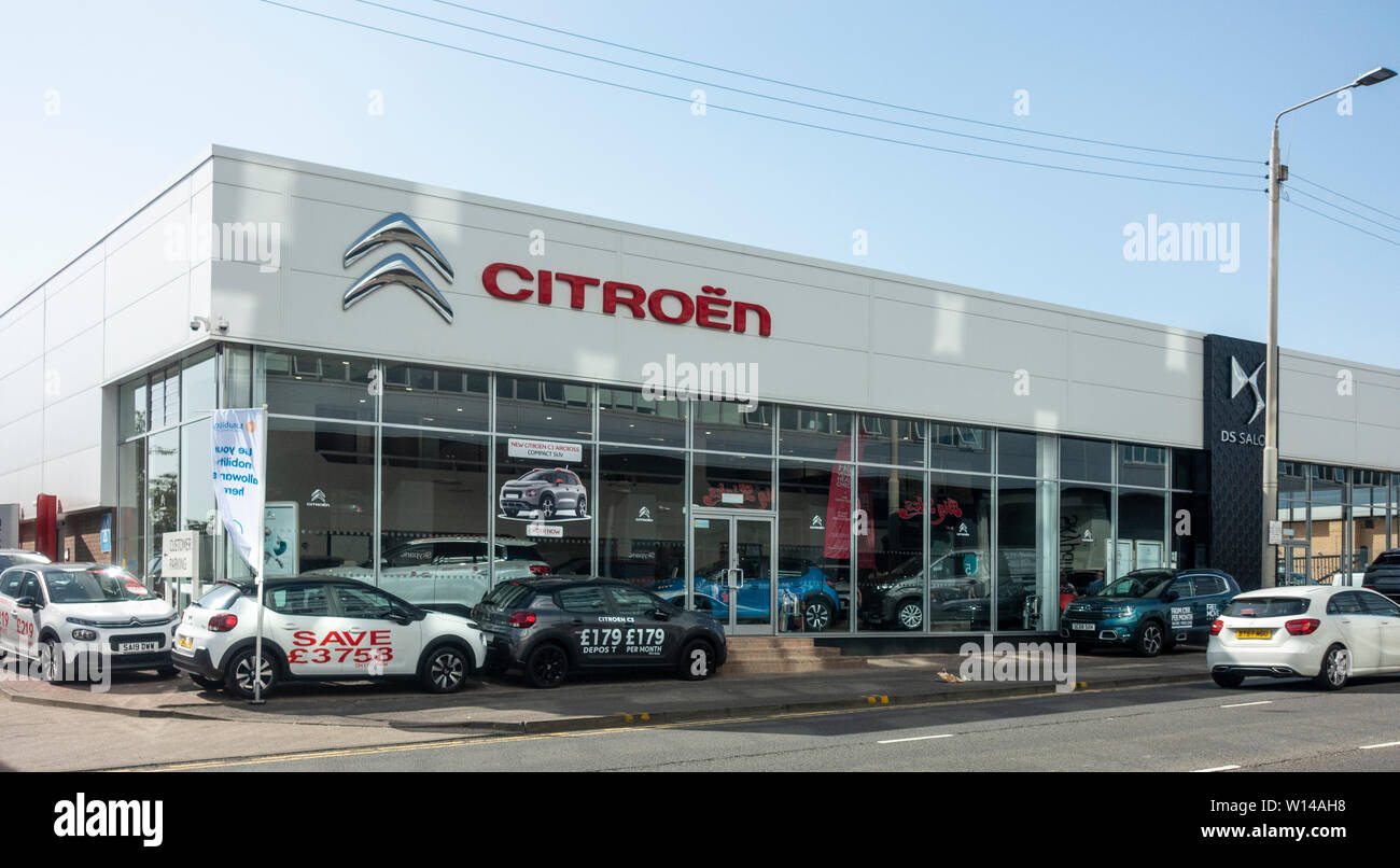 Exterior and forecourt of Citroën dealers Robins & Day, in Finnieston, Glasgow, Scotlandin