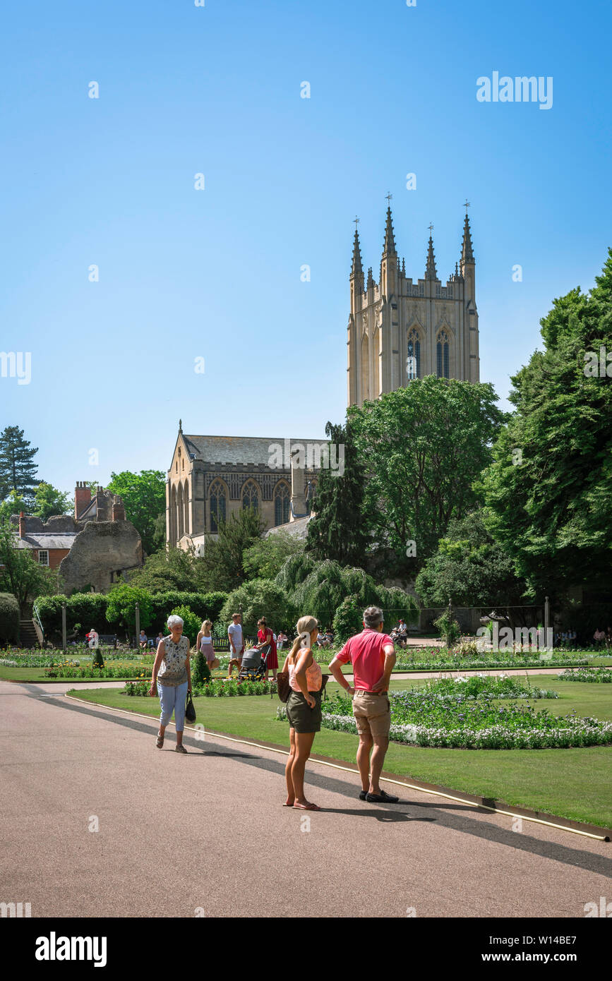 Suffolk UK, view in summer of the Abbey Gardens and tower of St Edmundsbury Cathedral in Bury St Edmunds, Suffolk, England, UK. Stock Photo