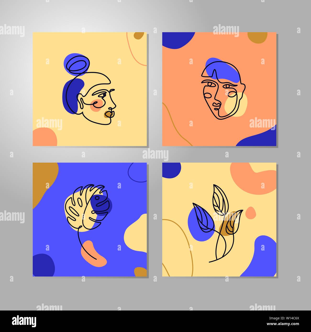 Set Woman's Face Minimal Line Style. Continuous One Line Abstract Vector female Portrait and leaf monstera Yellow, Coral, Blue background. Template social media, t-Shirt Print, postcard, poster Stock Vector