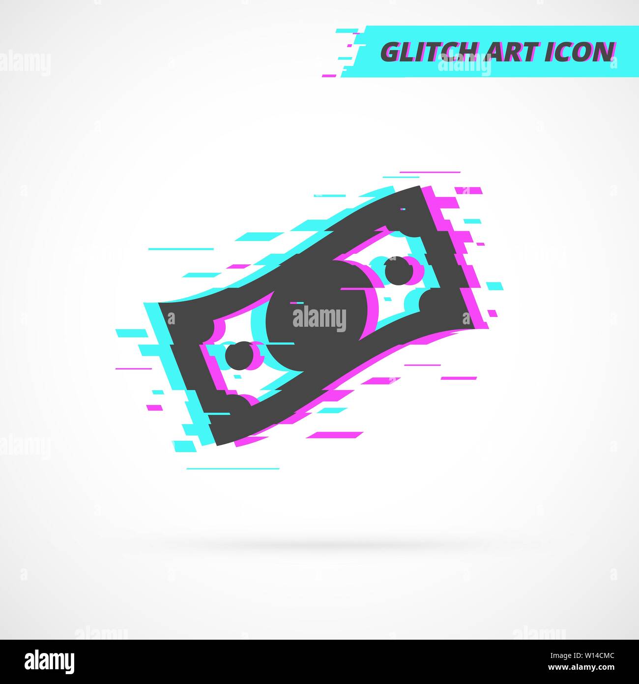 Flat One Dollar Bill Glitch isolated Icon. Silhouette Fly Money symbol in Glitch art style in neon glow colors. Vector isolated illustration. Stock Vector