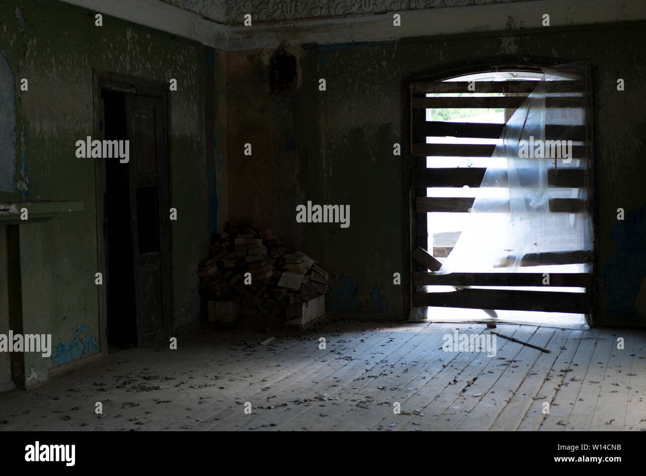 Kaunas, Lithuania - June 14, 2017: an interior of old abandoned manor house Stock Photo