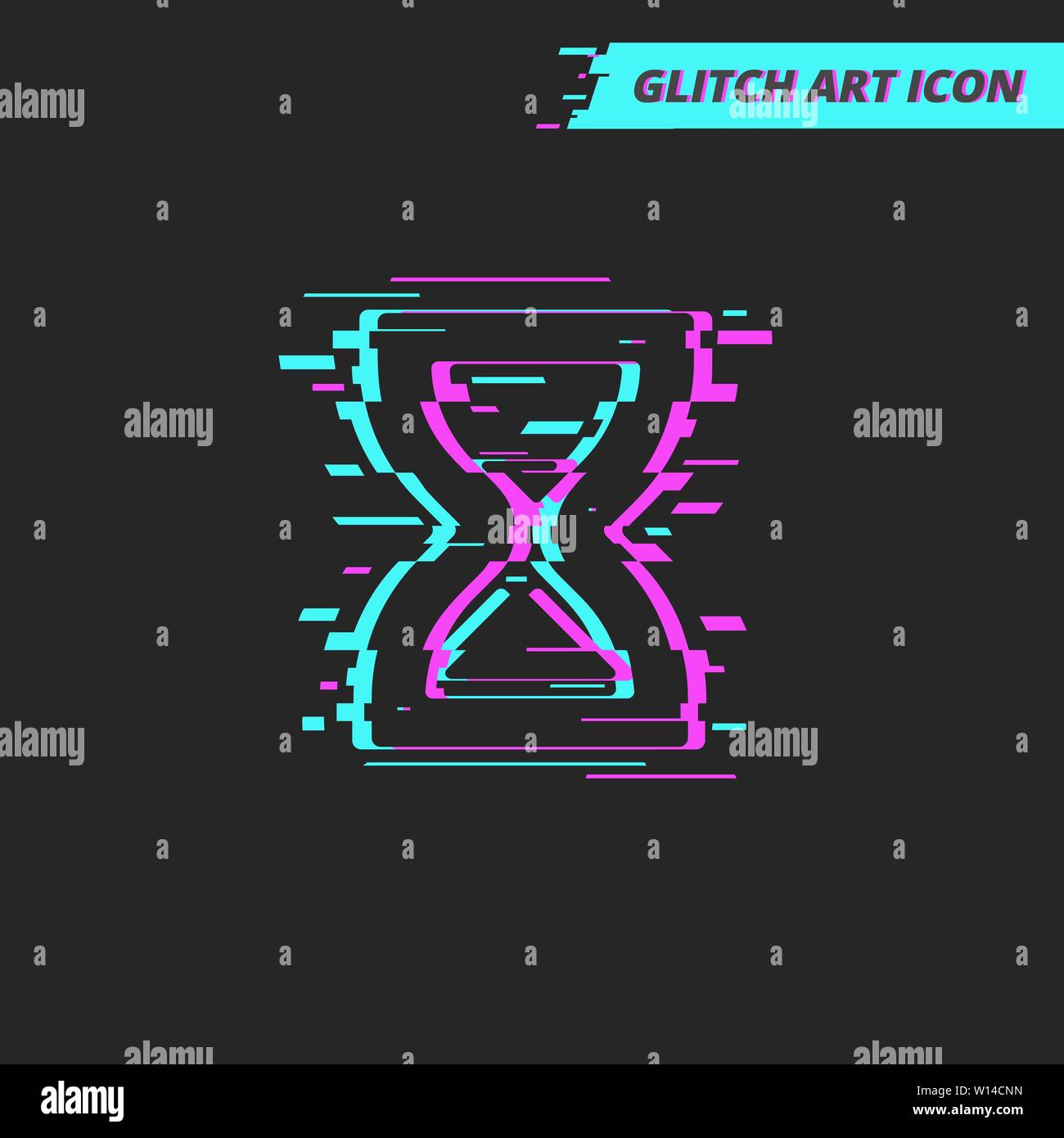 Sand Glass Glitch Art Vector Icon Glow on Black Background. Time sign. Stock Vector