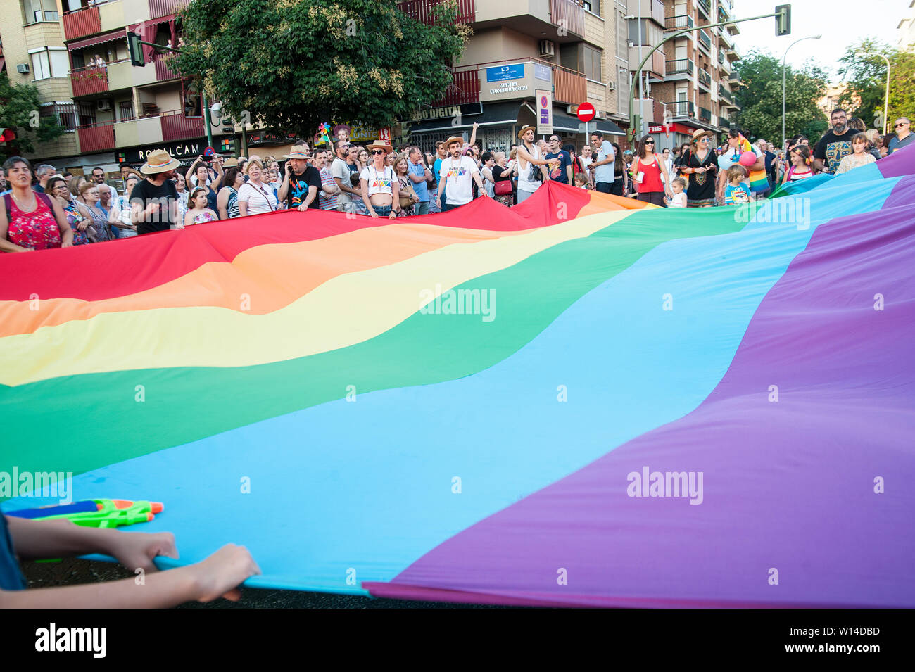 Spain, Seville: On Saturday 29th June the Gay Pride march took place through the whole city centre. It was a joyful and peaceful event that lasted for Stock Photo