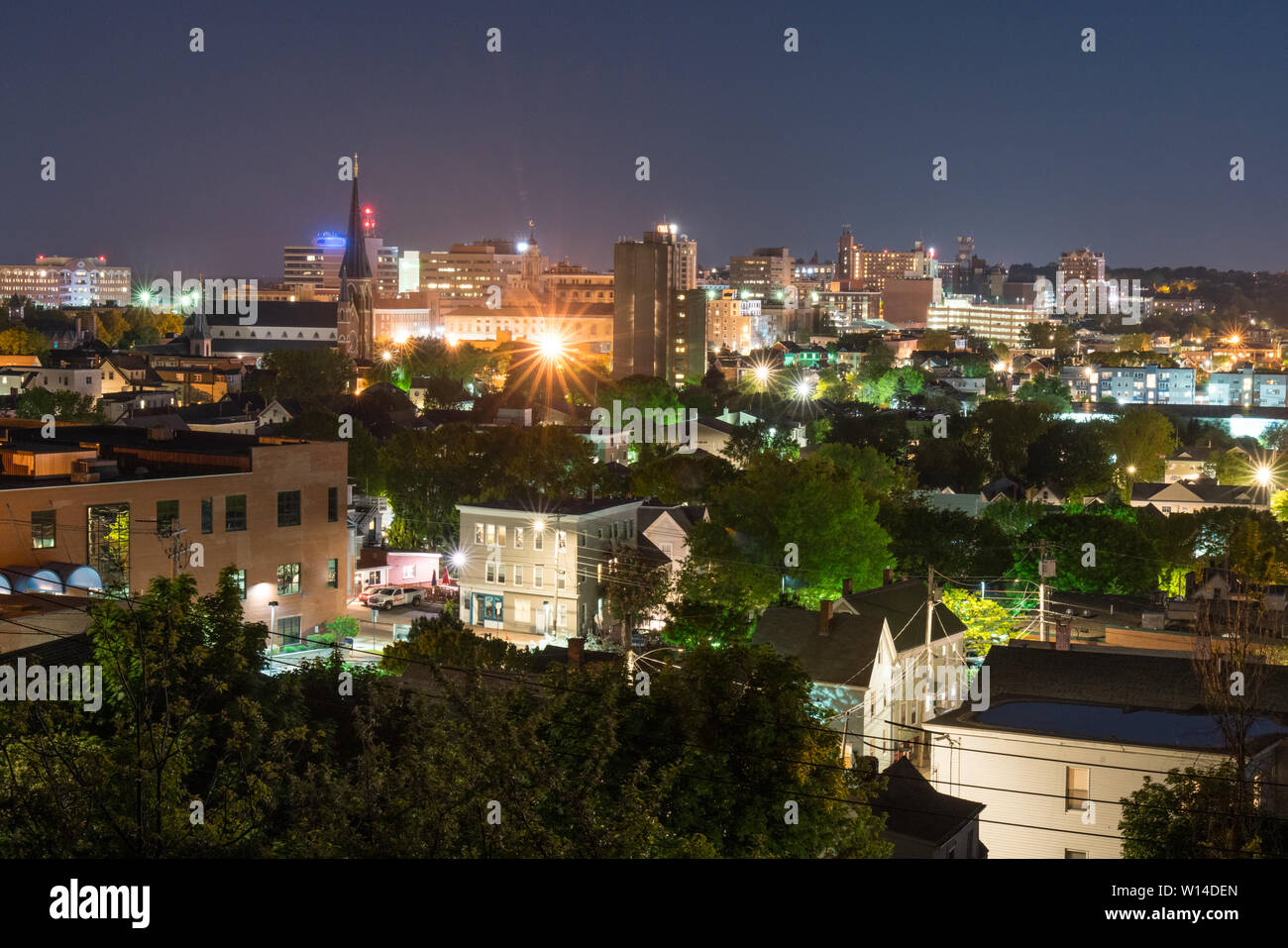Night city skyline of Portland Maine from Fort Sumner Park Stock Photo