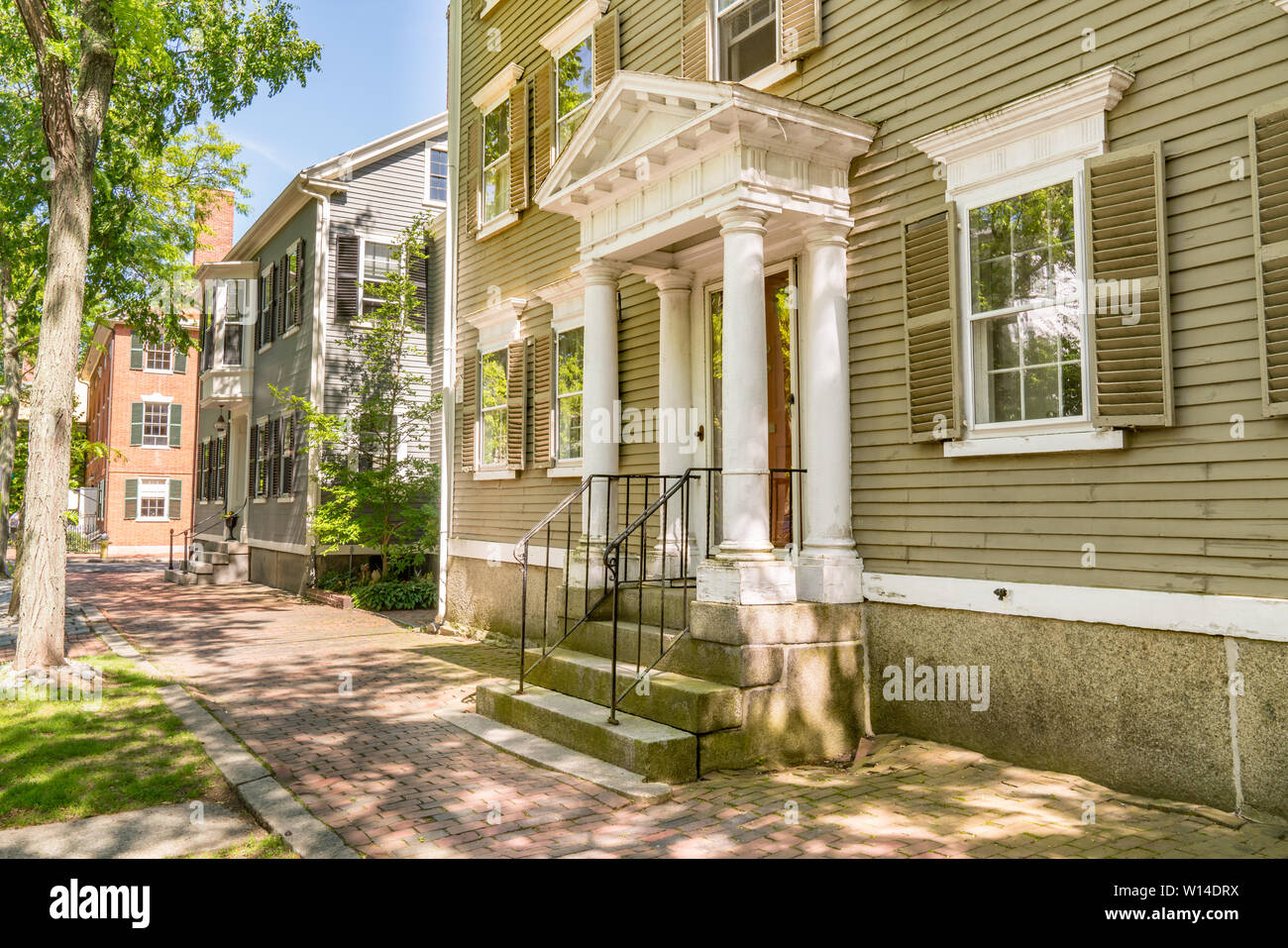 Historic New England houses along street in Salem, Massachusetts Stock