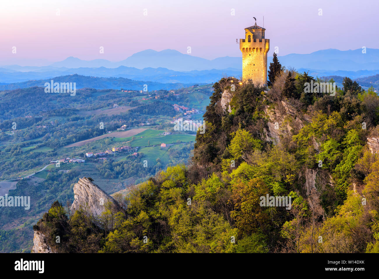 Montale, the Third of the Three Towers of San Marino, on the top of Mount Titano rock in sunrise light, Republic of San Marino Stock Photo