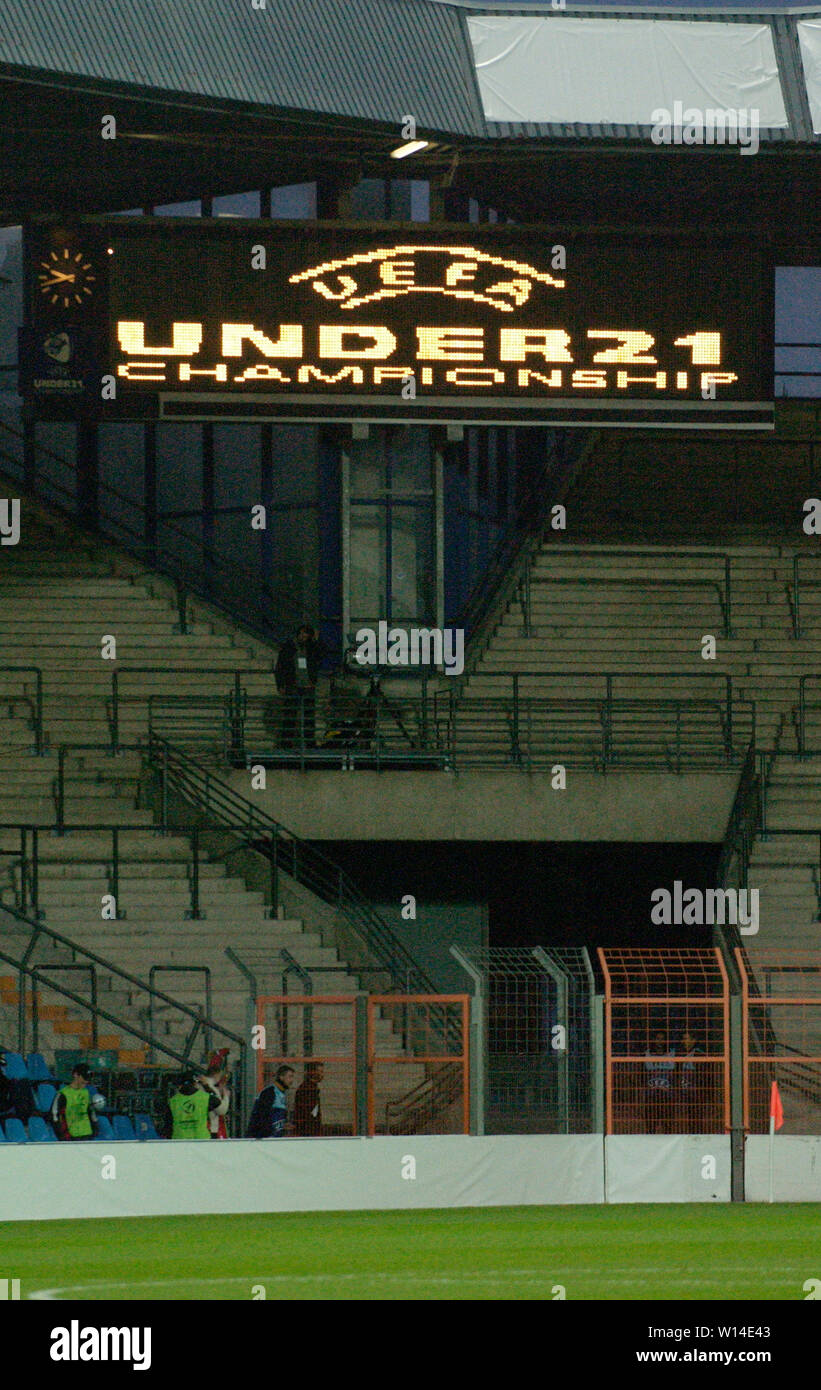 Ruhrstadion Bochum Germany 27.5.2004, Football: UEFA Under 21 European Championships, Italy (blue) vs  Belarus (red) 1:2 --- empty stands Stock Photo