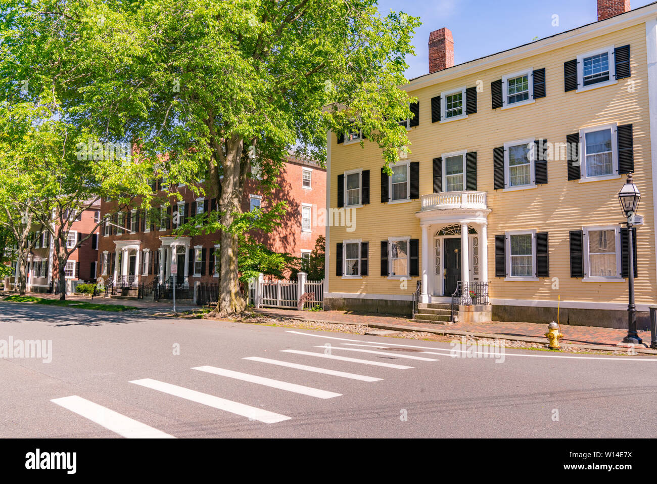 Historic New England houses along street in Salem, Massachusetts Stock Photo