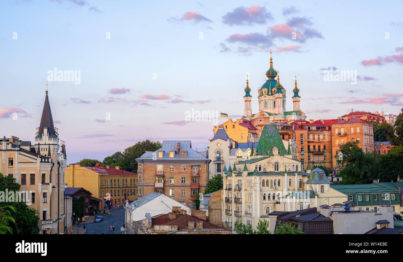 Kiev, Ukraine, Andriyivskyy Descent street and the domes of St Andrew's Church in historical Old Town Stock Photo