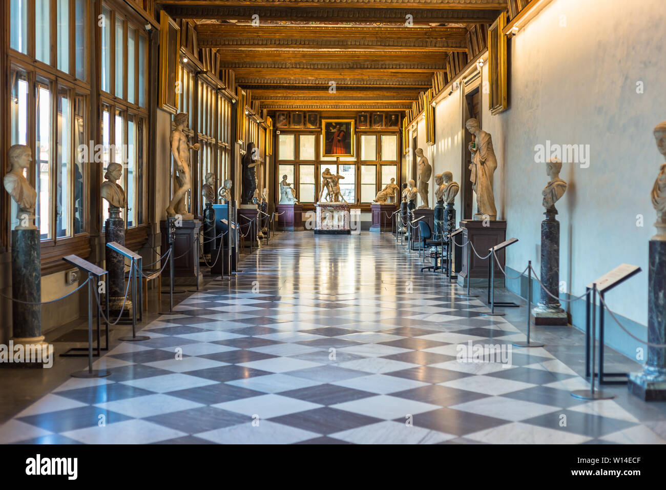 Florence, Italy September 25, 2016 Statues in the hallway of Uffizi Gallery, one of the