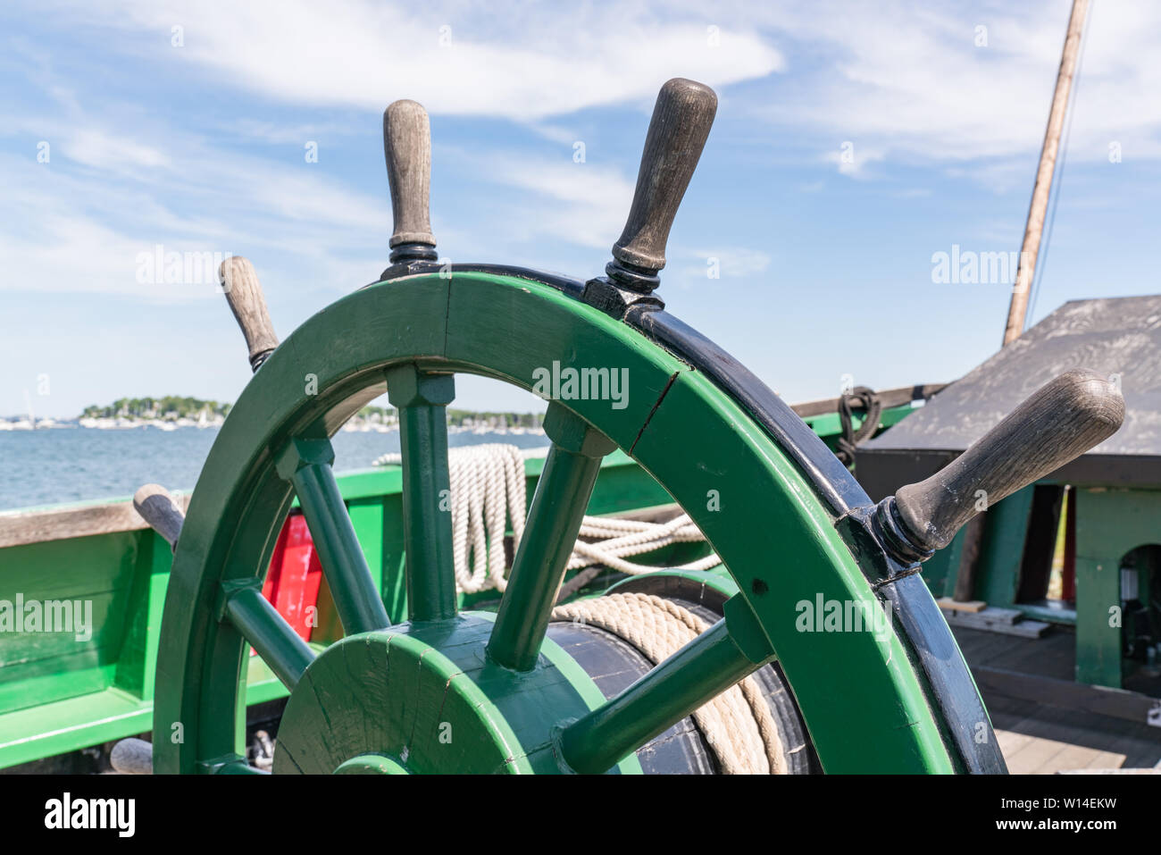 Wheel at the helm of an old sailing ship Stock Photo