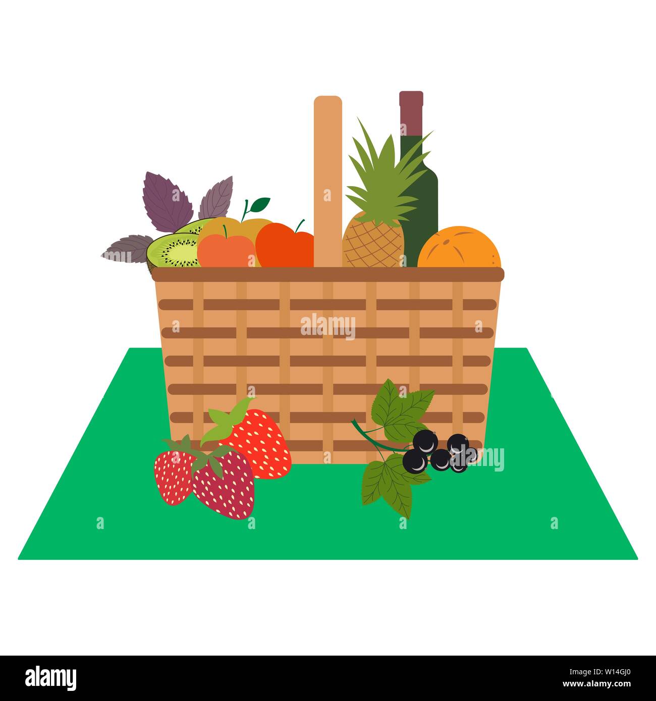 Vector illustration with wicker picnic basket with food and drink ...