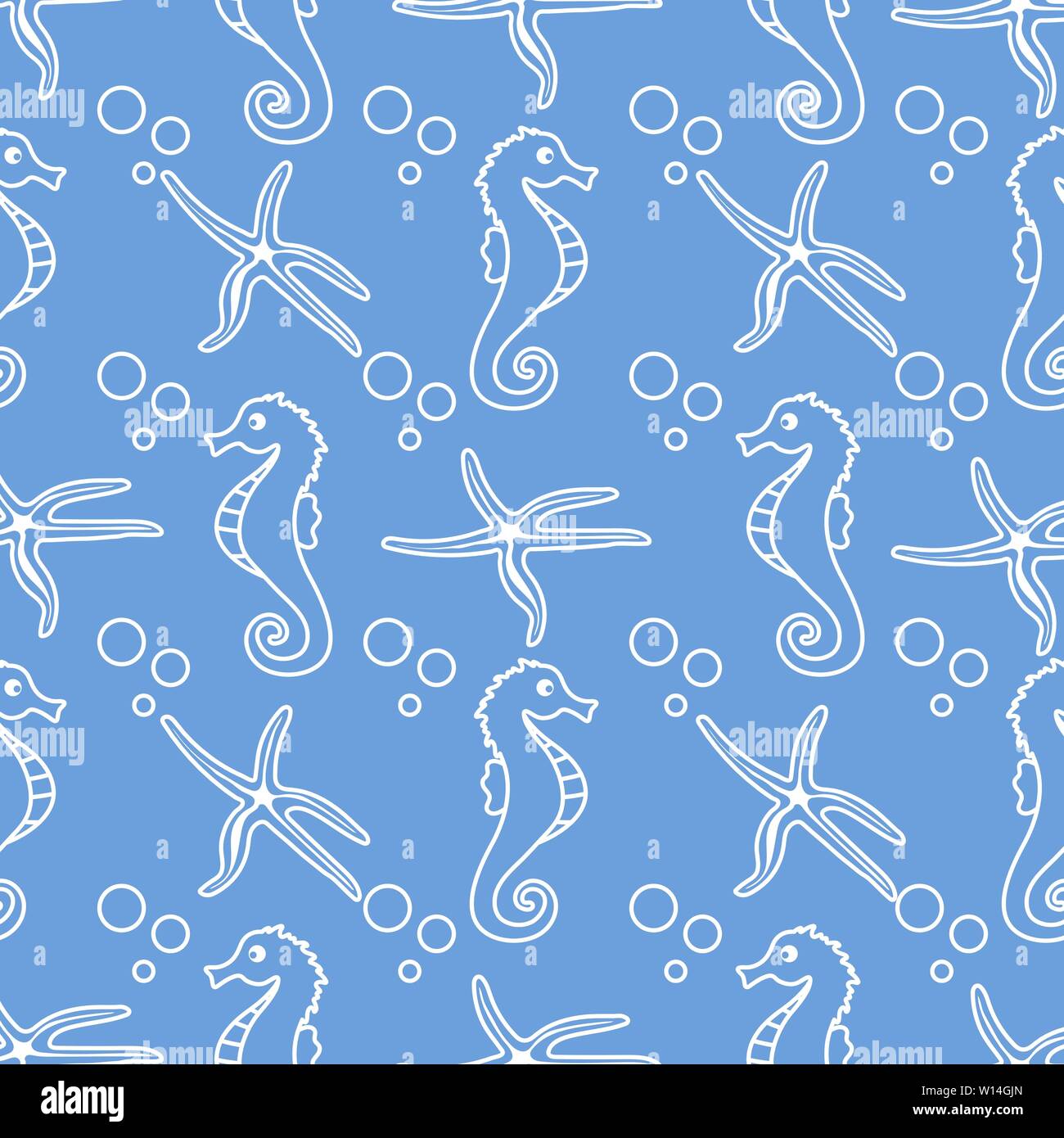 Vector seamless pattern with sea horses, starfish and bubbles. Marine ...