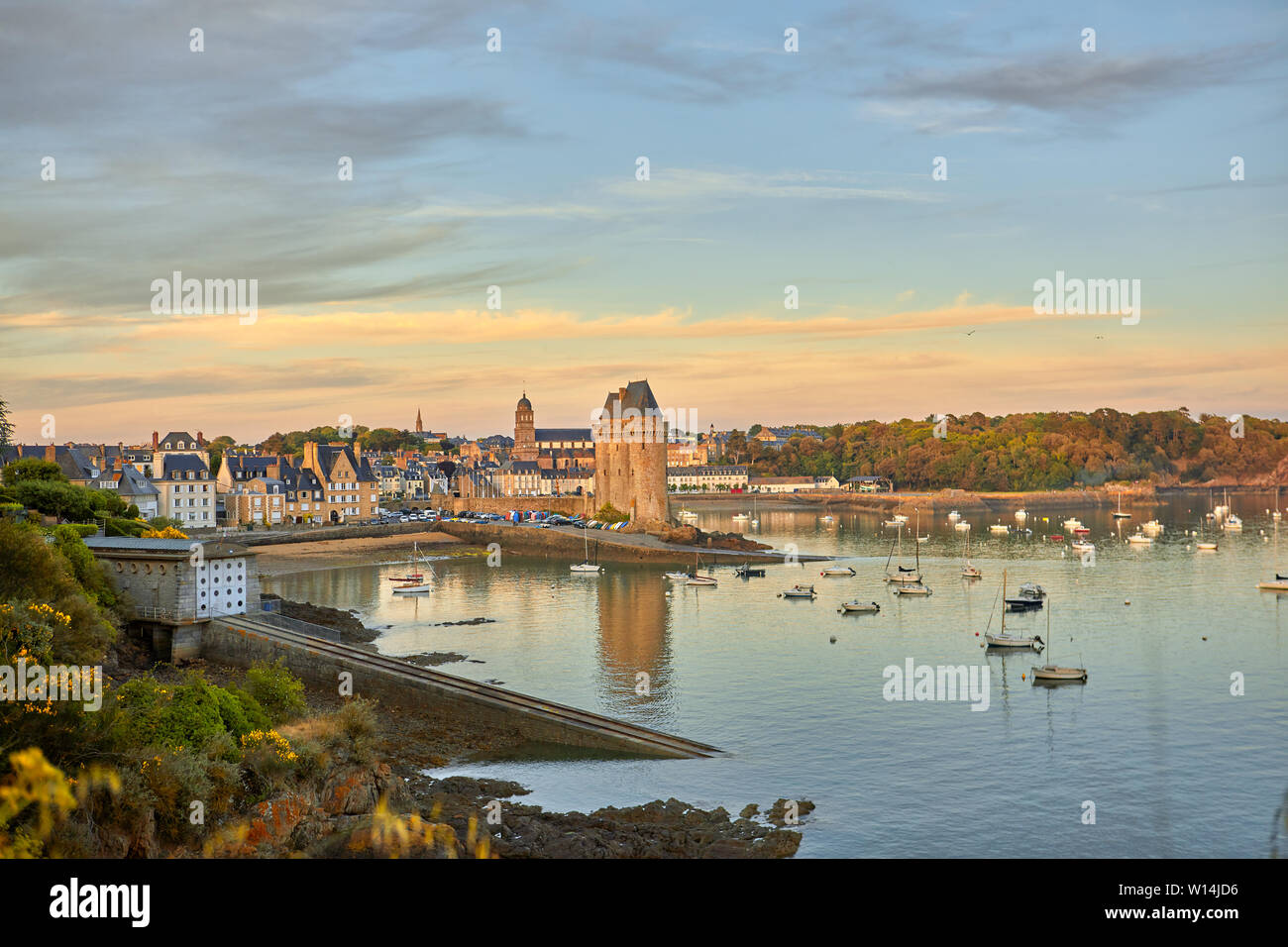 Image of Saint Servan in the evening sunset with the harbour, promenade, tower and old life boat station Stock Photo