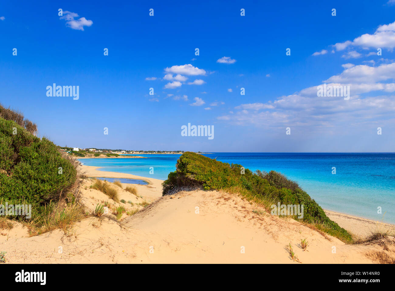 Summer seascape,Apulia coast: Marina di Lizzano beach (Taranto). The coastline is characterized by a alternation of sandy coves and jagged cliffs. Stock Photo