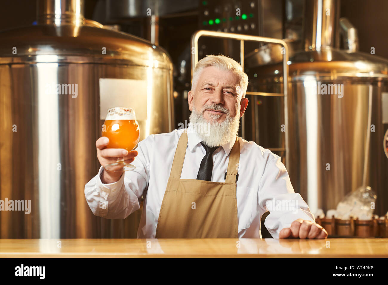 Positive, bearded specialist standing at bar counter holding cold beer