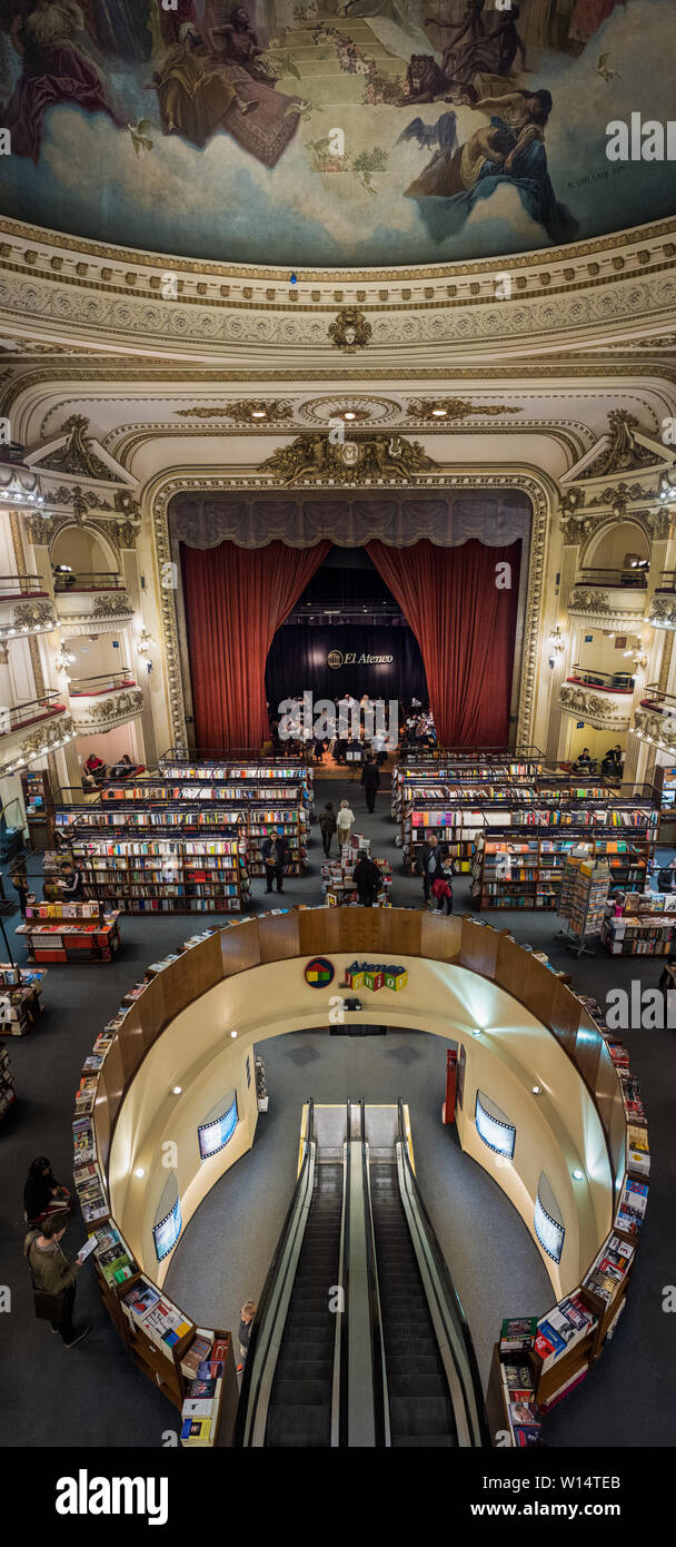 BUENOS AIRES, ARGENTINA - CIRCA AUGUST 2017: Vertical Panorama of the Interior of El Ateneo Grand Splendid Bookstore. The bookstore is considered one Stock Photo